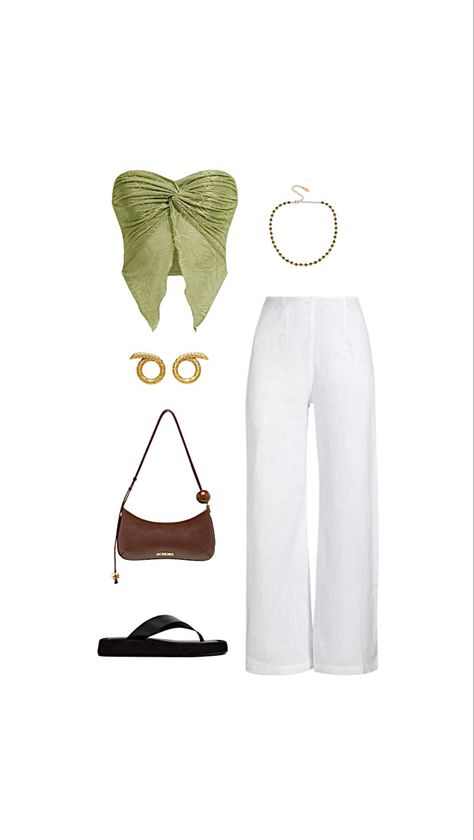 White wide leg pants 
Green outfit inspo
Minimal outfit
White 
Pants 
Shoulder bag Casual Classy Outfits Summer, Casual Basic Outfits, Polyvore Outfits Casual, Polyvore Outfits Summer, Travelling Outfits, Cute Travel Outfits, Nashville Outfits, Vacay Outfits, Summer Basics