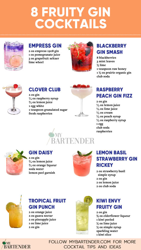 Fruity Gin Cocktails Dinner And Cocktail Pairings, Gin Drinks Summer, Gin Alcohol Drinks, Gin Blossom Cocktail, Gin Based Cocktails Recipe, Bartending Drinks Recipes, Fruity Gin Cocktails, Mixed Drinks With Gin, Gin Mixed Drinks Recipes