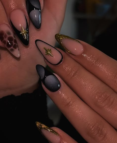 ✨these are stunning 🖤🤎✨ *TIKTOK: @nailsxbri915* • • • #nailtech #nailsnailsnails #nails #nailsofinstagram #nailart #naildesigns #nailsxbri915 #915 #915nails #almondnails #brownnails #blacknails #goldnails #goldnails💅 #915nailtech #nailinspo #baddienails #fallnails Black Nail Combinations, Fun Black French Tip Nails, Nude Winter Nails Almond, New Year’s Eve Nails Design Acrylic, Black And Gold Oval Nails, Black Birthday Nails Almond, Black And Gold Almond Nails Designs, Creative Black Nails, Almond Nails With Black Design