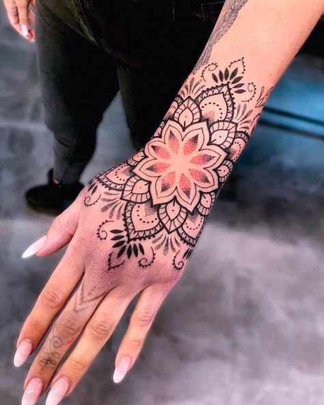 57 Soul-inspiring Mandala Tattoos with Meaning - Our Mindful Life Wrist Hand Tattoo, Mandala Thigh Tattoo, Mandala Tattoos For Women, Mandala Wrist Tattoo, Small Mandala Tattoo, Bracelet Tattoos, Wrist Bracelet Tattoo, Mandala Hand Tattoos, Our Mindful Life