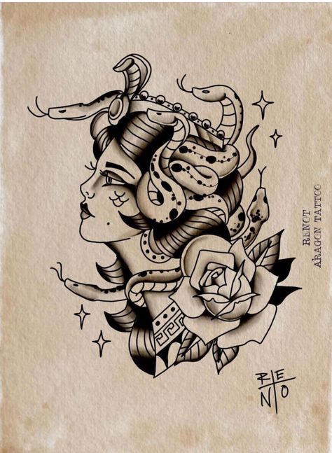 Traditional Style Medusa Tattoo, Capricorn Traditional Tattoo, Old School Medusa Tattoo, Traditional Medusa Tattoo Design, Tradional Tattoo Ideas For Women, Traditional Tattoo Medusa, American Traditional Medusa, American Traditional Medusa Tattoo, Medusa Traditional Tattoo