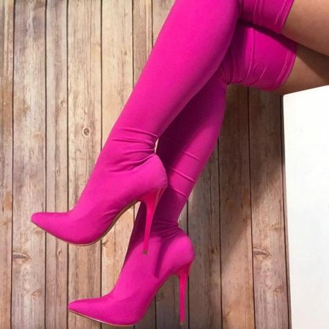 Hot Pink Lycra Tight Thigh High Heel Boots Sexy Stiletto Heels Thigh High Boots for Women Winter Elegant Stylish Trendy Boots Chic Elegant Stylish Long Boots for Date, Big day | FSJ Thigh Highs Outfit, High Sock Boots, Thigh High Sock Boots, Thigh High Heel Boots, Thigh High Sock, Thigh Socks, Elastic Boots, Heel Boots For Women, Thigh High Heels