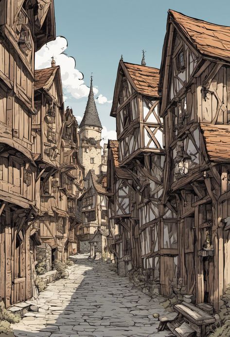 Medieval Village Digital Fantasy Illustration Art Print Medieval Village Drawing, Medieval Village Illustration, Fantasy Buildings Art, Stylized Artstyle, Dieselpunk Architecture, Medieval Concept Art, Advanced Heroquest, Fantasy Illustration Art, Medieval Buildings