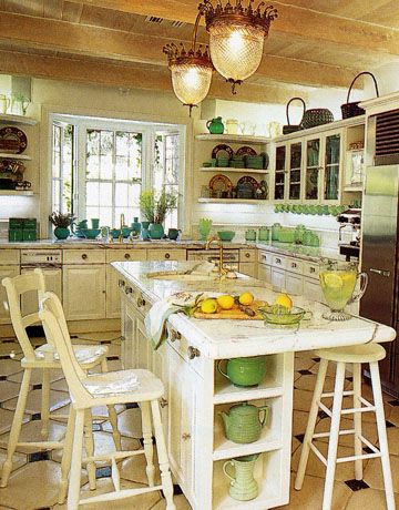 white kitchen with green and blue dishes and accessories, love the light fixtures 1990s Kitchen, 90s Kitchen, 90s Interior, Blue Dishes, American Kitchen, Yellow Kitchen, Romantic Homes, House And Home Magazine, Ideas Kitchen