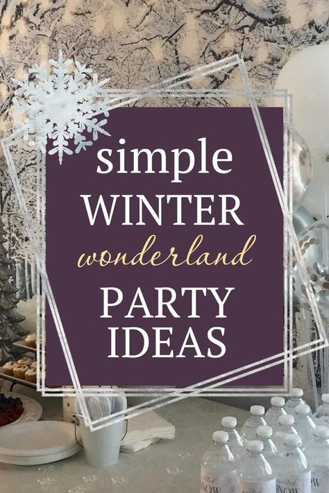 Simple winter wonderland party ideas. Snowy trees backdrop, melted snow water bottles, balloons Winter Wonderland Luncheon, Winter Wonderland Party For Adults, White Christmas Party Decorations Ideas, Diy Winter Party Decorations, Winter Ball Party Ideas, Winter Themed Party Food Ideas, Easy Winter Party Decorations, Snowball Party Ideas, Winter Wonderland Birthday Activities