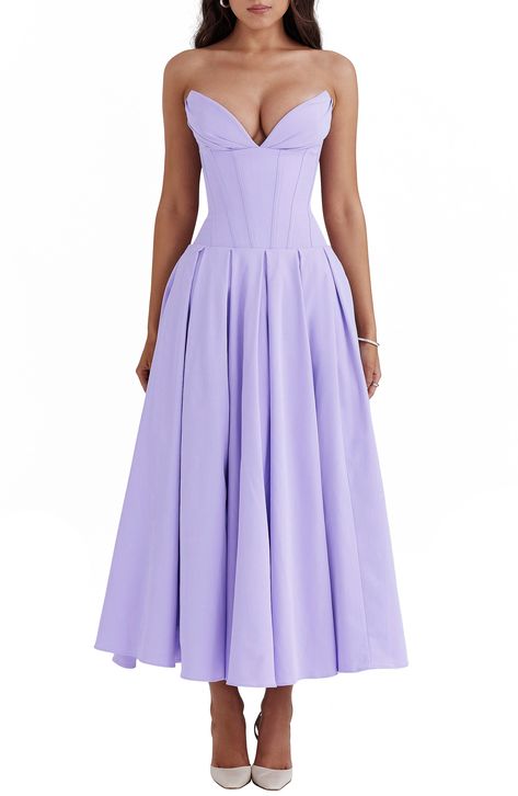 HOUSE OF CB Lady Strapless Cocktail Dress | Nordstrom Lilac Wedding Guest Dress, Pastel Wedding Guest Dress, Pastel Colored Dress, Lilac Fashion, Lilac Gown, Purple Formal Dress, Cocktail Dress Nordstrom, Voluminous Skirt, Purple Cocktail Dress