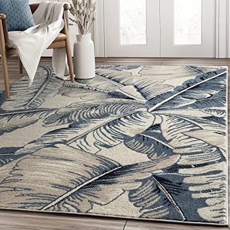 Tropical Design 5'3" x 7'6" (5x8) Blue & Beige Leaf Print Area Rug - Non-Shed Frond Pattern Contemporary Living Room Carpet by Abani Rugs Tropical Home Decor Living Room, Tropical Rug, Grey Shag Rug, Tropical Area Rugs, Tropical Rugs, Bring The Outdoors Inside, Tropical Home Decor, Tropical Home, Chic Rug