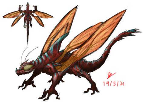 Insect wyvern . Speculative invertebrate shaped like a dragon that has four wing like structures evolved for flight #alien #speculativeevolution #monsterdesign #characters #characterdesign #art #sketch Insect Dragon Art, Insect Oc, Dnd Mounts, Insect Dragon, Alien Insect, Insect Monster, Alien Animals, Insect Wings, Alien Character