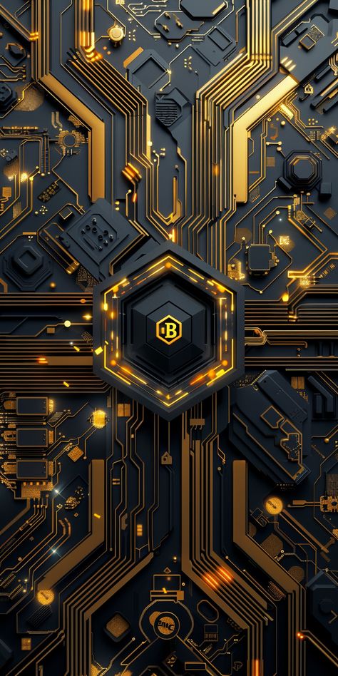 Black and Gold Cyberpunk Mobile Wallpaper Hexagonal Pattern Design, Cyberpunk Wallpaper Aesthetic, Futuristic Technology Aesthetic, Dark Cyberpunk Aesthetic, Gold Cyberpunk, Yellow Cyberpunk, Black And Gold Wallpaper, Cyberpunk Theme, Black And Gold Background