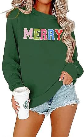 BINLANHANAT Women Merry Christmas Sweatshirt Happy Christmas Pullover Tops Xmas Party Gift Chenille Patch Letter Print Shirt Xmas Outfits Women Casual, Christmas Graphic Tees, Wine Cheers, Xmas Party Outfits, Graphic Tees Funny, Christmas Party Wear, Christmas Attire, Christmas Pullover, Cheer Shirts