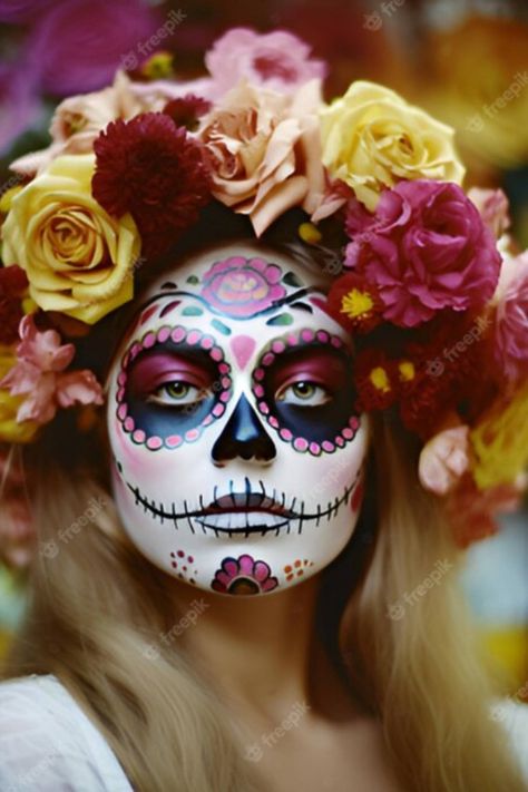 Immerse yourself in the colorful celebration of life and ancestral spirits. The delicate flowers symbolize renewal and growth, while the sugar skull face paint pays homage to the Mexican tradition of Day of the Dead. This mesmerizing artwork captures the essence of cultural richness and the connection between life and death. #FlowerCrown #SugarSkullFacePaint #DayOfTheDead #ColorfulTraditions #CulturalHeritage #FolkloreInspired #LifeAndDeath #VibrantArtwork #CelebrateLife #AncestralSpirits Mexican Skull Face Paint, Coco Inspired Makeup, Mexican Day Of The Dead Makeup, Sugar Skull Face Paint For Women, Dead Of The Dead Makeup, Day Of The Dead Face Painting, Day Of The Dead Make Up, Day Of The Dead Face Paint, Candy Skull Face Paint