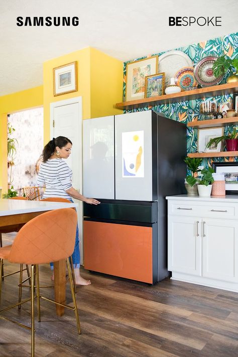 If you love colorful interiors, the Samsung Bespoke 4-Door French Door Refrigerator will level up your home decor. Mix and match colors and finishes for a unique look that matches your kitchen design. IG Credit: @casawatkinsblog Bespoke Fridge, Black Refrigerator, French Family, Smart Refrigerator, Samsung Bespoke, Samsung Fridge, Family Hub, Family Dinner Ideas, Maximalist Style