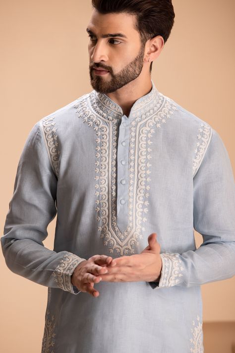 Buy Sky Blue Linen Embroidered Dori Kurta With Salwar For Men by AMIT ARORA Online at Aza Fashions. Mohammed Amir, Salwar For Men, New Kurta Design, Kurta Designs Men's, Panjabi Design, Eid Vibes, Wedding Clothes For Men, Fabric Paint Shirt, Mens Suit Style