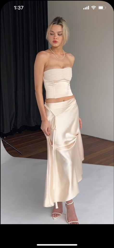 Silk corset top and long skirt champagne set Matching Skirt And Top Set Satin, Two Piece Silk Dress, Corset And Silk Skirt Outfits, Silk Top And Skirt Outfit, Prom Skirt And Top Two Pieces, Satin Skirt And Top Set, Silk Skirt Corset Top, Two Piece Satin Dress, Two Piece Corset Top And Skirt