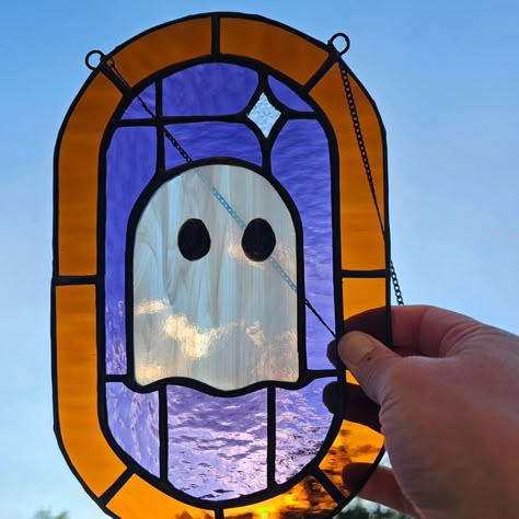 I love how you can see the clouds through the ghost ☁️ . . . . #stainedglass #stainedglassart #suncatcher #glassart #ghost #spooky #clouds Ghost Stained Glass Art, Ghost Stained Glass Patterns, Stained Glass Ghost, Stained Glass Soldering, Stained Glass Halloween, Booby Traps, Ethereal Design, White Ghost, Stained Glass Window Hanging