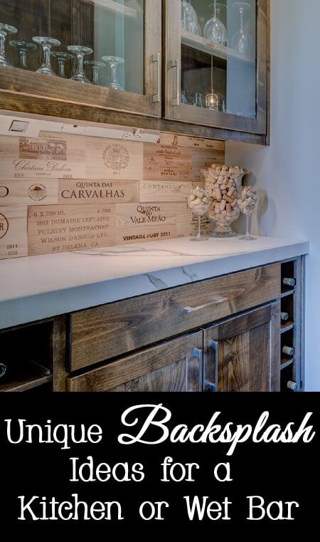 Unique backsplash ideas for a wet bar or kitchen - wood wine boxes. Home inspo. Room ideas. Home decor. Room decor. Home. House interior. kitchen ideas. kitchen inspo. wet bar ideas. wet bar inspo. backsplash inspo. how to decorate a kitchen. how to decorate a wet bar. Unique Backsplash Ideas, Wood Wine Box, Farmhouse Backsplash, Unique Backsplash, Beadboard Backsplash, Wine Boxes, Blue Backsplash, Kitchen Backsplash Ideas, Herringbone Backsplash