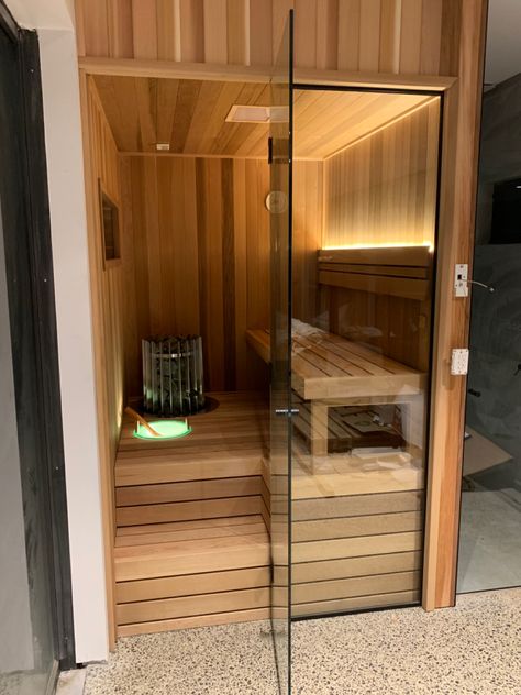 Small Sauna Room Ideas, Small Home Sauna, Sauna Bathroom Ideas Small Spaces, Small Sauna Bathroom Design, Small Sauna Design, Small Bathroom With Sauna, Small Sauna In Bathroom, Small Sauna Ideas, Sauna Dimensions