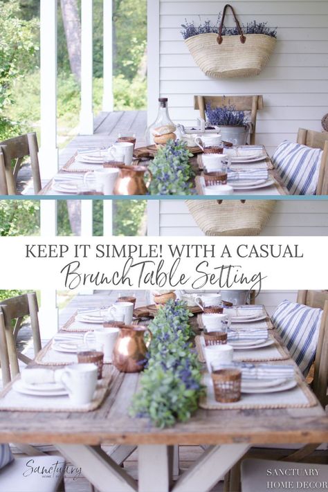 Let's keep it simple with this casual brunch table-setting! Get inspiration with this simple brunch table idea. Learn how to take simple brunch table decorations to create a casual yet beautiful look. Get resources and find all of your brunch table setting decorations. Visit the link in our bio for more tablescape ideas. Morning Tea Table Setting, Simple Brunch Table Setting, Rustic Brunch Decor, Bridal Brunch Table Setting, Brunch Centerpiece Ideas, Brunch Table Scape, Brunch Table Setting Ideas, Table Setting Ideas Casual, Brunch Ideas Decoration Table