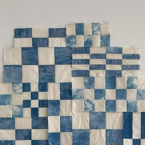 Ashley Brown Durand on Instagram: "A start ☁️✨ It’s been a bit since I’ve made a check quilt. It feels really good. It’s an inherently slow process. I like that about it. I’m forced to go slow and consider each piece, each scrap of indigo fabric, what shape I can turn it in to. Where it will fit in with the rest. Slowly slowly 💧  #checkquilt #checkers #checkered #checkerboard #checkcheck #scrapquilt #indigo #blue #blueandwhitequilts #naturallydyed #modernart #artforhome #minimalist #maximalism #contemporaryart #wip #workinprogress #studiowall #process #puzzle #piecework #slowly" Denim Scrap Quilt, Checkered Quilt Pattern, Denim Quilt Ideas, Indigo Quilts, Checkered Quilt, Check Quilt, Laser Patterns, Linen Art, Blue And White Quilts