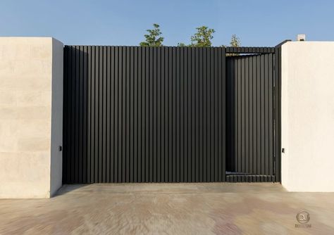 Minimal Gate Entrance, Cool Home Designs, Front Gates Driveway, Concrete Fence Design, Contemporary Gate Design Modern, Minimalist Gate Design Modern, Modern Gated Driveway Entrance, Parking Area Ideas, Modern Fences And Gates