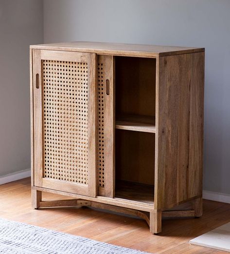 Cane and Mango Wood Console Cabinet | VivaTerra Cane Front Cabinet, Cane Kitchen, Cane Console, Cane Cabinet, Shoe Cabinet Design, Cane Door, Mango Wood Furniture, Hallway Cabinet, Entryway Cabinet