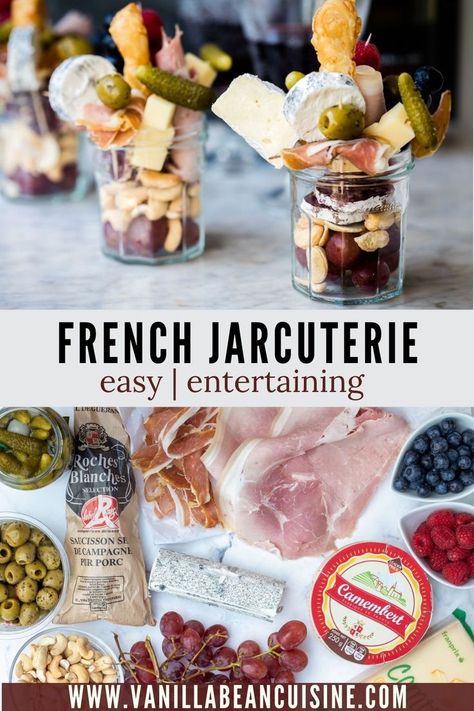 Jar-cuterie Ideas Christmas, French Inspired Charcuterie Board, Charcuterie Jars Ideas, Charcuterie In A Jar, French Charcuterie Board Ideas, Jar-cuterie Ideas, Jarcuterie In A Jar Ideas, French Party Food, Jarcuterie Ideas