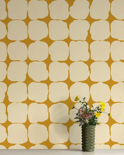 "Blot" in colorway 'Egg' is a geometric wallpaper designed by Flat Vernacular. Designed to accentuate the painted aspect of each shape, the organic shapes of Blot come together to form a perfectly imperfect grid. 'Egg' is printed with creamy white and yellow ochre low VOC Greenguard inks, and is available as both tradi Egg Wallpaper, Geometric Wallpaper Design, Hydrangea Wallpaper, Landscaping With Roses, Peach Wallpaper, Velvet Wallpaper, Feature Wallpaper, Stone Wallpaper, Cream Wallpaper