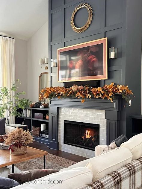 Navy And White Fireplace, Dark Blue Fireplace Wall, Burgundy Fireplace, Dark Blue Fireplace, Blue Fireplace Wall, Navy Blue Fireplace, Teal Fireplace, Grey Painted Fireplace, Fall Family Room Decor