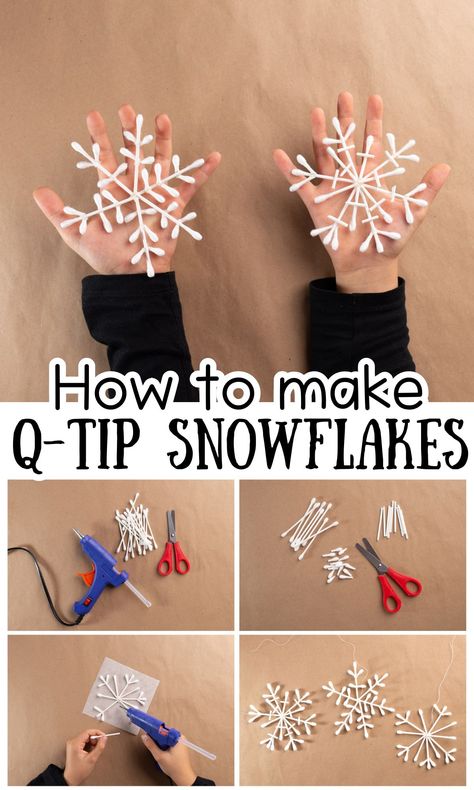 Easy Q-Tip Snowflakes Craft - In The Playroom A Tip Snowflakes, How To Make Snowflakes Easy, Christmas Crafts For Kids Snowflakes, Crafts With Q Tips, Q Tip Crafts For Kids, Q Tip Snowflakes, Qtip Snowflake Craft, How To Make Paper Snowflakes Easy, How To Cut Snowflakes Easy