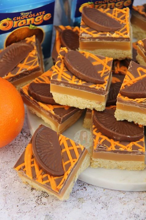 Terry's Chocolate Orange Millionaires Shortbread - Jane's Patisserie Chocolate Orange Traybake, Caramac Cheesecake, Flavoured Shortbread, Traybake Recipes, Millionaires Shortbread, Millionaire's Shortbread, Janes Patisserie, Terry's Chocolate Orange, Millionaire Shortbread