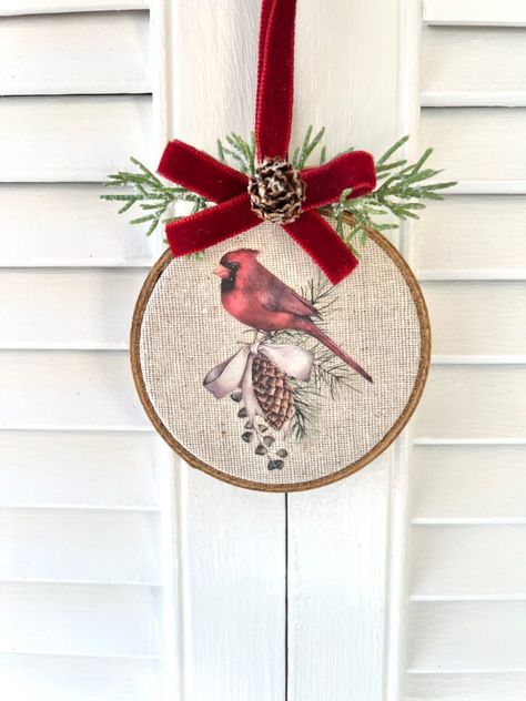 DIY Cardinal Embroidery Hoop Christmas Ornament Embroidery Hoop Ornaments Diy, Christmas Ornaments Embroidery, Dollar General Diy, Cardinal Embroidery, Embroidery Hoop Ornaments, Hoop Ornaments, Embroidery Hoop Christmas, Pottery Barn Pumpkin, Patriotic Diy