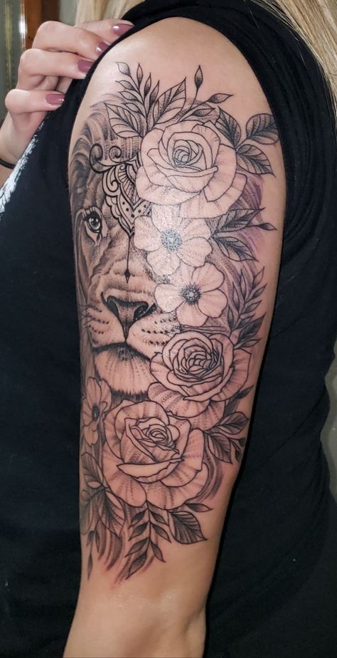 Lion Tattoo flowers quarter sleeve kansas artist 🎨 Flower Lion Tattoo For Women, Lion Tattoo For Women Upper Arm, Half Lion Half Flower Tattoo For Women, Lion Upper Arm Tattoos For Women, Half Sleeve Tattoos For Women Upper Arm Flowers, Lioness Tattoo Sleeve, Lion Half Sleeve Tattoos For Women, Girly Half Sleeve Tattoos, Lioness Tattoo For Women Half Sleeves