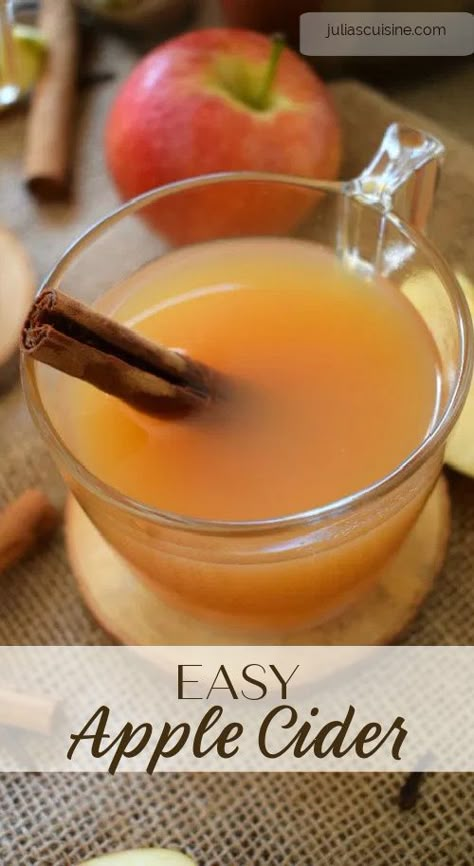 This non alcoholic version of Easy Spiced Hot Apple Cider is one the whole family can enjoy. A warming drink that you can have simmering on the stove for those chilly fall days. And you don’t need to spend your day pressing apples to get a delicious apple cider. With just a few minimal ingredients and a little time, you can have a warming spiced mug of apple cider in your hand. Take a look how. #applecider #mocktails #festivedrinks Apple Cider With Apple Juice Easy, Stove Top Hot Apple Cider, Make Apple Cider From Apple Juice, Apple Juice Into Apple Cider, Apple Cider With Cinnamon Sticks, Apple Juice To Apple Cider, Apple Cider On The Stove, Apple Cider Using Apple Juice, Easy Hot Apple Cider Recipe Stovetop