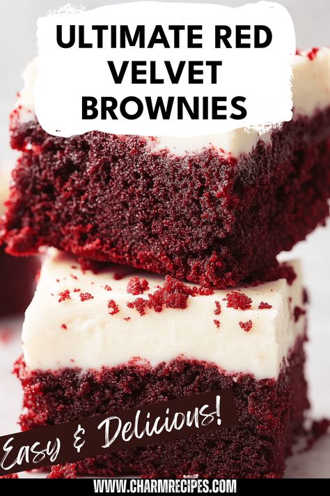 Satisfy your sweet cravings with these ultimate red velvet brownies! Rich and fudgy, they're perfectly accented with a luxurious cream cheese swirl that adds just the right amount of tang. Whether it's for a special occasion or just because, these brownies will impress everyone with their stunning color and flavor. Perfect for gatherings, celebrations, or a comforting treat at home. Bring ultimate delight to your dessert table with these decadent red velvet brownies that are sure to leave everyone wanting more! Red Velvet Brownies With Cream Cheese Frosting, Red Velvet Desert, Easy Yummy Desserts, Red Velvet Brownies Recipe, Easy Birthday Desserts, Dinner Dessert Ideas, Dessert Recipes Simple, Classic Brownies, Easy Desert