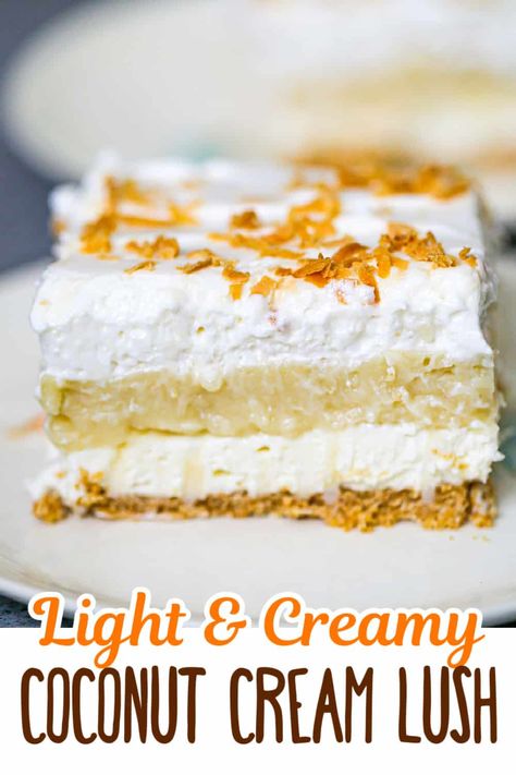 What To Make With Whipping Cream, Coconut Cream Lush, Coconut Cream Pudding, Coconut Cream Dessert, Pudding Whipped Cream, Graham Dessert, Coconut Cream Pie Recipes, Cream Cheese Bars, Layered Dessert