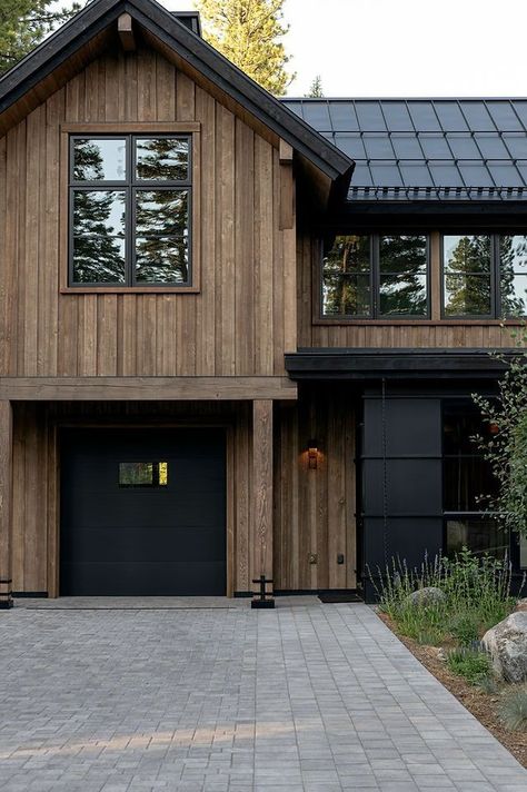 Wood And Black Exterior House, Wooden House Colors Exterior, Dark Farmhouse, Rustic Home Exterior, Martis Camp, Rustic Lake Houses, Rustic Exterior, Cabin Exterior, Cottage Exterior