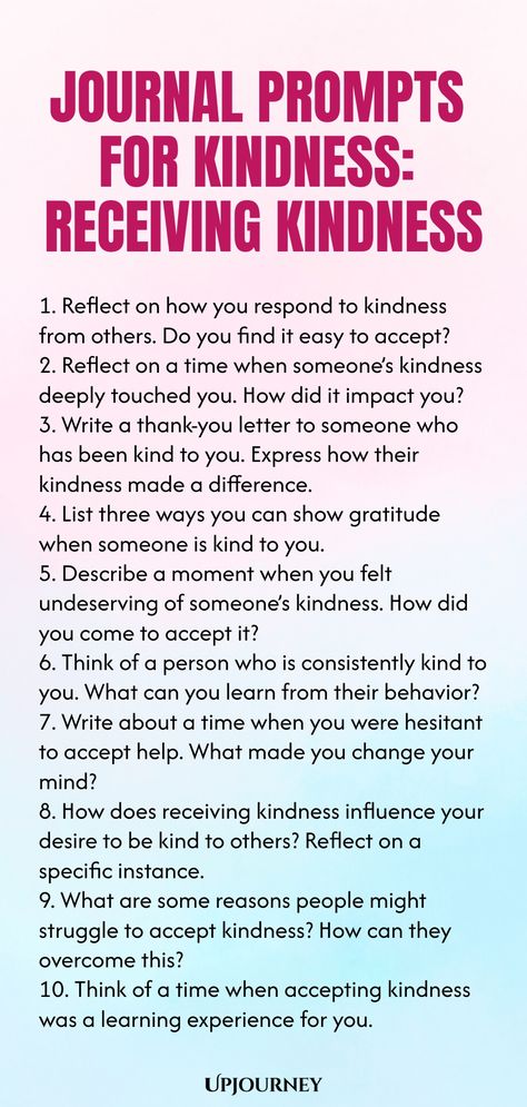 Explore these thought-provoking journal prompts to reflect on the power of receiving kindness. Cultivate a deeper sense of gratitude and awareness as you engage with these prompts in your journaling practice. Kindness is not only about giving but also about allowing yourself to receive love and compassion from others. Let these prompts inspire you to open your heart to the beauty of accepting gestures of kindness, both big and small, that come your way every day. Kindness Journal Prompts, Kindness Writing Prompts, Christian Gratitude Journal Prompts, Faith Based Journal Prompts, Gratitude Prompts For Kids, Kindness Journal, Practice Kindness, Psychology Terms, Relationship Quizzes