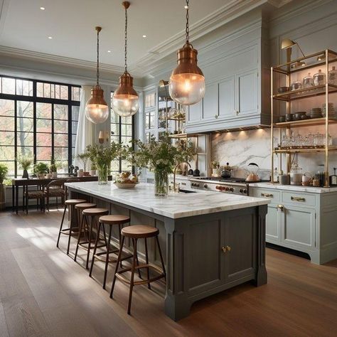 Modern White Farmhouse Kitchens - Rustic Charm Meets Modern Functionality Neutral Interior Design Kitchen, Aesthetic Big Kitchen, Big Kitchen Aesthetic, Kitchen Ideas Island, Modern Victorian Kitchen, Incredible Kitchens, Nice Kitchens, Rich Kitchen, Kitchen Ideas Luxury