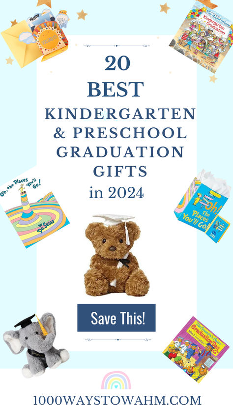 Image from a blog post called "20 Adorable Kindergarten and Preschool Graduation Gifts." Contains an image of a stuffed bear, books, and other gifts. Graduation Gift Preschool, Graduation Gift For Preschoolers, Graduation Gift Kindergarten, Kinder Graduation Ideas, Pre K Graduation Gifts, Kindergarten Graduation Gifts, Graduation Souvenirs, Preschool Graduation Gifts, Preschool Graduation Party