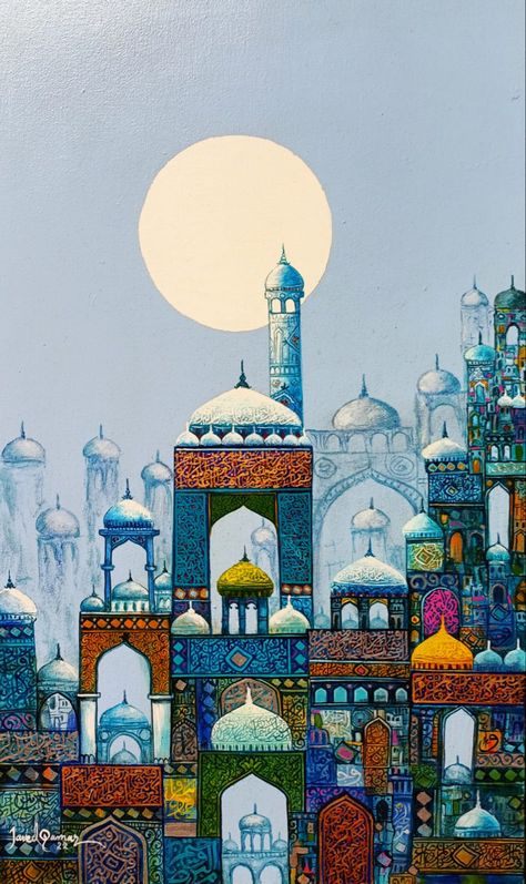 Beautiful work.Dm or mgs us for more details of this beautiful piece. @artzest.ae @artzesthome #artzest #artlovers #artcollectors #collectibles #beautiful #vibrant #stunning #unique #women #artwork #painting #colorful #happy #originalart #affordable #buyartonline #onlineshopping #freeshipping Mughal Architecture Painting, Mosque Painting Islamic Art, Moroccan Art Painting, Women Artwork, Mughal Art Paintings, A Level Art Sketchbook, Mosque Art, Islamic Art Canvas, Persian Art Painting