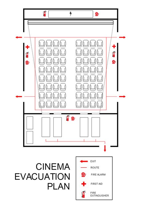 This is a Cinema Evacuation Plan template that is designed to show the exit routes so that the attendants can evacuate the center immediately with minimal assistance. The template is a 100% customizable and you can edit every aspect of it with a few simple clicks in MyDraw. Cinema Plan Architecture, Multiplex Cinema Design, Cinema Floor Plan, Cinema Design Architecture, Multiplex Plan, Cinema Plan, Cinema Interior Design, Theatre Plan, Auditorium Plan