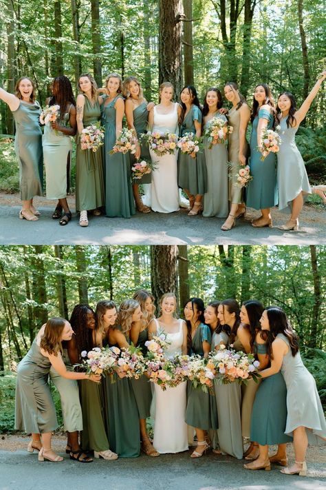 Green Bridesmaids Dresses | Bridesmaid Dresses Styles | Oregon Photographer | I am obsessed with these bridesmaids with mismatched dresses at this outdoor wedding. I love how they are all green but different styles! See olive green bridesmaids dresses mismatched, shades of green bridesmaids dresses, green bridesmaids dresses mismatched, bridesmaid dresses elegant and bridesmaid dresses aesthetic. Book Kendra for your timeless wedding photos or Oregon wedding photography at kendiphotos.com. Two Bridesmaids Only Mismatched, Sage And Olive Bridesmaid Dresses, Green Bridesmaid Dresses Different Shades, Variety Green Bridesmaid Dresses, Outdoorsy Bridesmaid Dresses, Bridesmaid Dresses Different Styles Same Color, Green Theme Bridesmaid Dresses, Different Shades Of Green Bridal Party, Bridesmaids Dresses Shades Of Green