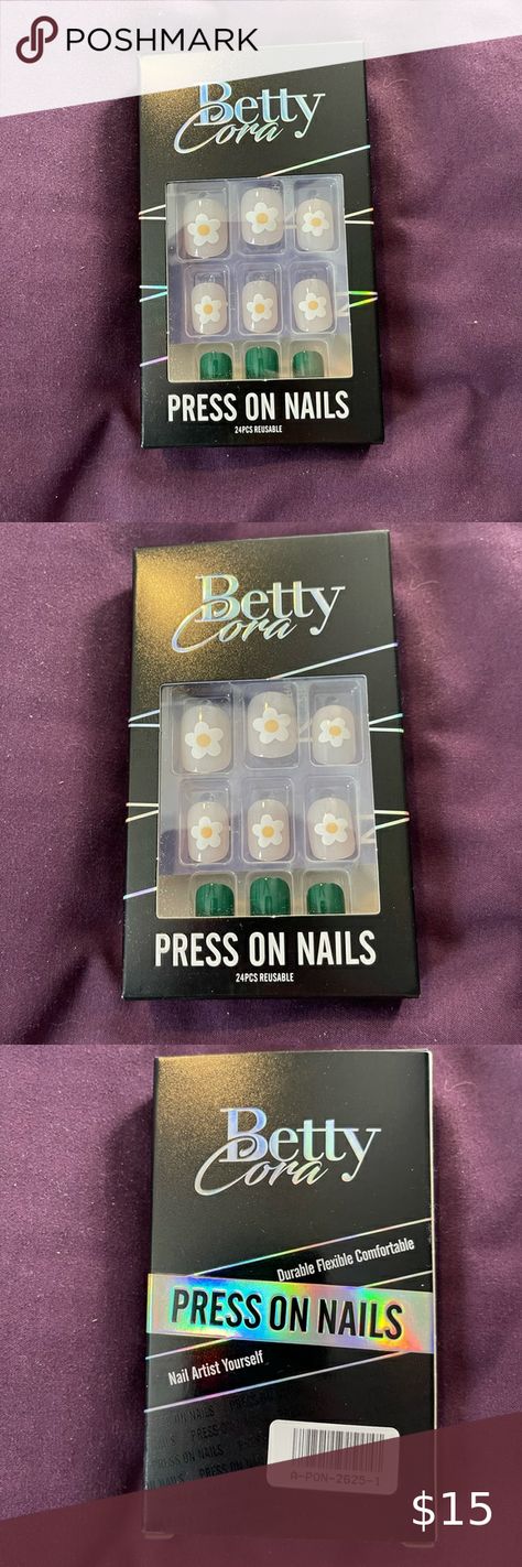 Betty Cora Press On Nails Yellow Flower Design, Nail Shop, Nail Glue, Yellow Flower, Nail Artist, Glue On Nails, Green And White, Flower Design, Press On Nails