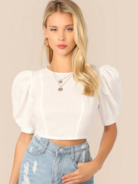 Don Pedro, Strappy Crop Top, Sewing Diy, Crop Top Outfits, Cropped Tops, Puffy Sleeves, Crop Top Blouse, Looks Vintage, Denim Top