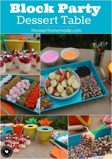 This Party Dessert Table is filled with fun for all ages! Cupcake Fondue, S'Mores Bar, No Bake Cheesecake and more! Be sure to save by pinning to your Party Board! Cheesecake Lush Dessert, Cherry Cheesecake Lush, Block Party Desserts, Block Party Food, Cheesecake Lush, Summer Block Party, Neighborhood Block Party, Fondue Party, Party Dessert Table