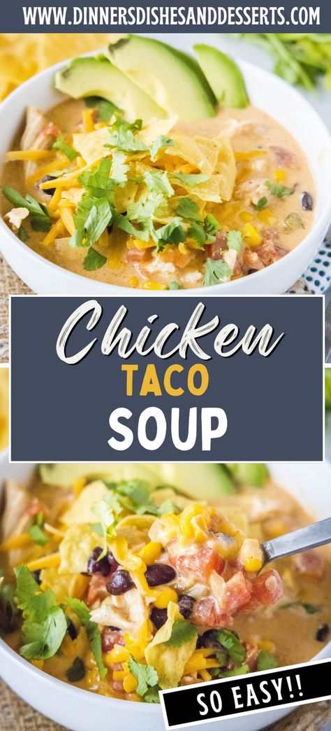 Chicken Taco Soup – a super easy and comforting soup loaded with chicken, corn, black beans and all the taco flavor you know and love! #fallsouprecipes #souprecipes #falldinnerideas #fallrecipes White Chicken Taco Soup, Soup With Chicken In It, Chicken Stock Soup Recipes, Soups With Chicken Breast, Taco Soup Recipe Chicken, Chicken Breast Soup Recipes, Taco Soup Chicken, Taco Chicken Soup, 7 Can Chicken Taco Soup