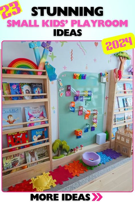 Rainbow-themed small kids playroom with interactive wall activities and low bookshelves. The playful design features a bright, engaging color palette, perfect for encouraging reading and creative exploration in a fun, inviting environment.