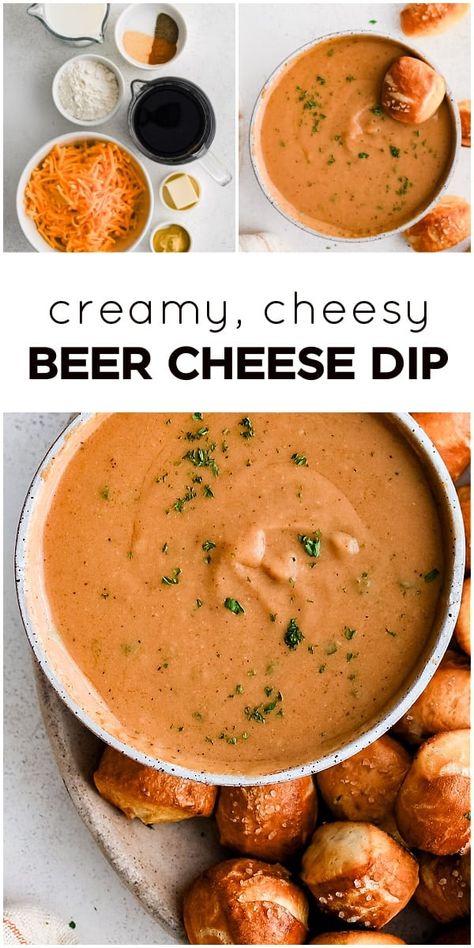 This quick and easy pub-style Beer Cheese Dip is the ultimate party or game-day appetizer! Made with lots of freshly shredded cheddar cheese, dijon mustard, and your favorite lager-style beer, this cheesy, creamy, extra-flavorful dip is perfect with soft pretzel bites, freshly baked bread, soft pita, or crunchy veggies. German Appetizers Oktoberfest Party Beer Cheese Dips, Applebees Beer Cheese Dip, Dip For Beer Bread, Beer Cheese Recipe, Gameday Food, Beer Cheese Sauce, Soft Pretzel Bites, Food Authentic, German Food Authentic