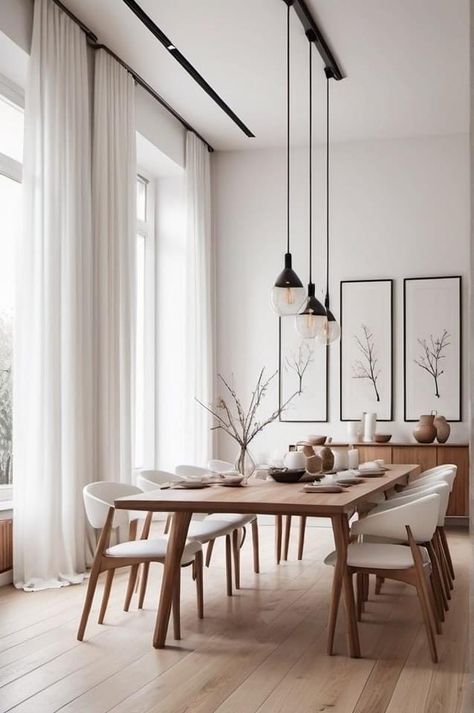 Window Breakfast Table, Scandinavian Living And Dining Room, Modern Classic Scandinavian Interior, Scandinavian Kitchen Dining Room, Minimalist Living Dining Room, Dining Table Scandinavian Modern, Light Wood Dining Table With Black Chairs, Modern Scandinavian Living Room Minimalist, Living Room Dinner Table