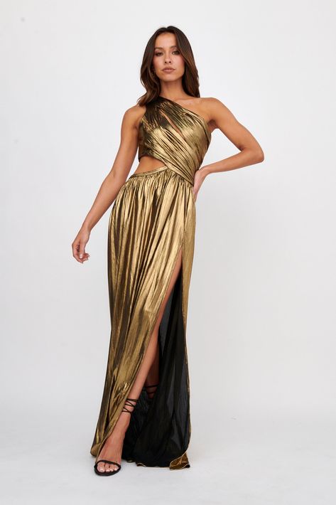 Fortuna One Shoulder Split Maxi Dress Black/Gold Gold Maxi Dress, Gala Event, Pleated Gown, Tie Up Heels, Maxi Dress Black, Split Maxi Dress, Iron Material, Gold Fabric, Shoulder Cut